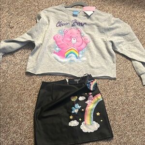 🌈🌈Dolls Kill Black Mini Skirt with Rainbow Design with Cheer Bear sweater!!!!🌈🌈